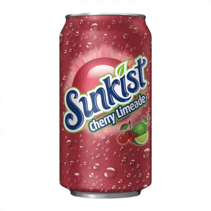 Limunada u limenci Sunkist Cherry Limeade 355 ml, crvena boja, s kapljicama
